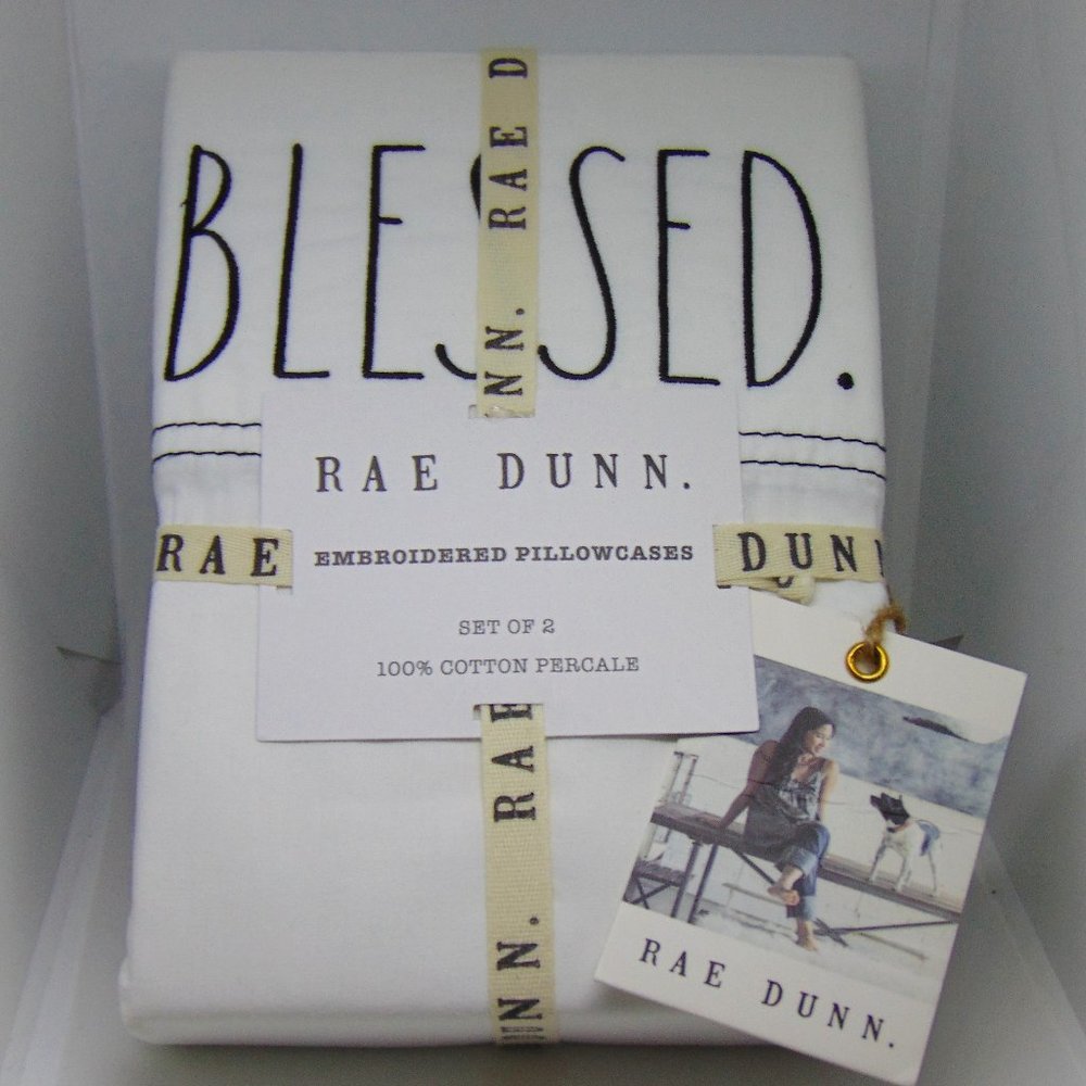 2 x 2 RAE DUNN Embroidered Pillowcases Standard 100% Cotton